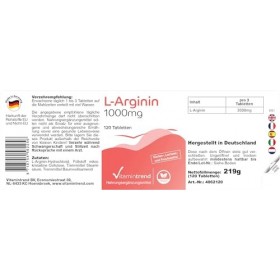 L-Arginine 1000mg - Acide aminé essentiel - 3000mg L-Arginine par dose journalière - 120 comprimés - hautement dosés - dosage