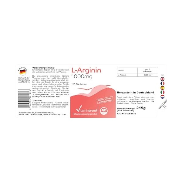 L-Arginine 1000mg - Acide aminé essentiel - 3000mg L-Arginine par dose journalière - 120 comprimés - hautement dosés - dosage