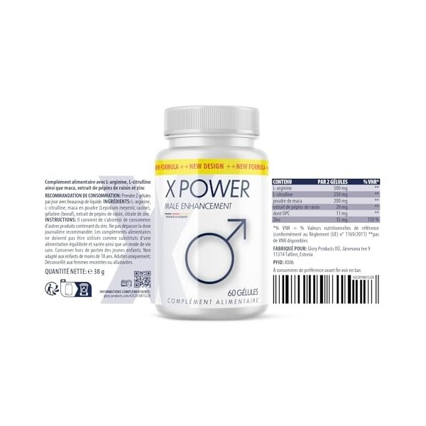 X Power - Male Enhancement Capsules | Pour lhomme actif | Qualité Premium | 60 Capsules