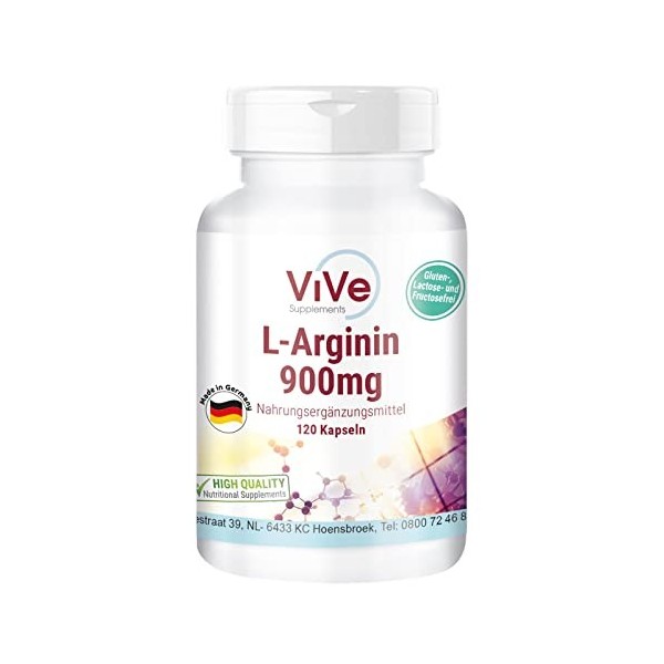 L-Arginine 900 mg - 120 gélules - Végétalien - Acide aminé populaire - 900 mg darginine-HCL par gélule | Qualité en provenan