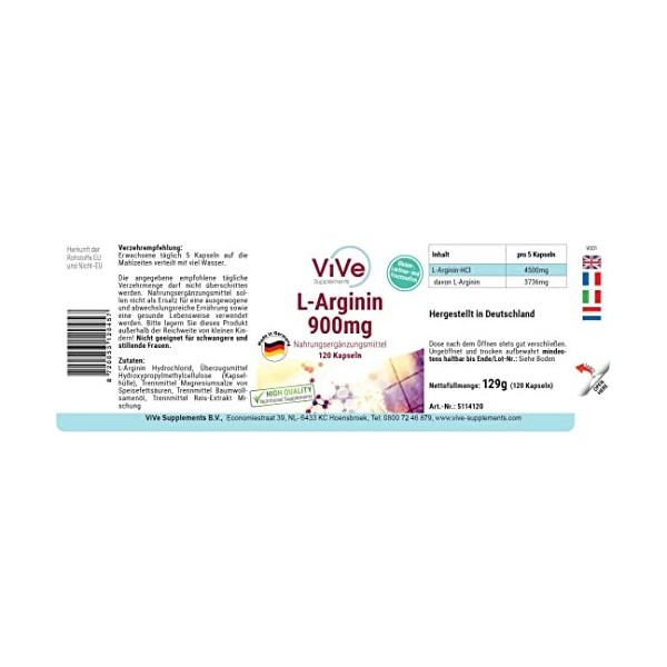 L-Arginine 900 mg - 120 gélules - Végétalien - Acide aminé populaire - 900 mg darginine-HCL par gélule | Qualité en provenan