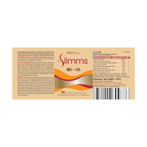 Slimms Gummies | pour femmes et hommes | avec des ingrédients de haute qualité | 60 gommes