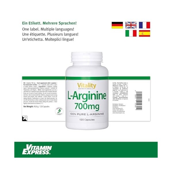 L-Arginine Hautement dosée 700mg Acide aminé Essentiel 100% Naturel issu de fermentation 120 capsules Haute biodisponibilit