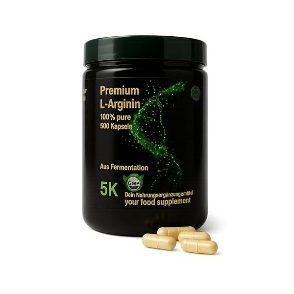 Premium 500 gélules L-Arginine - Hautement dosées, végétaliennes, sans additifs, soutient le développement musculaire et la c
