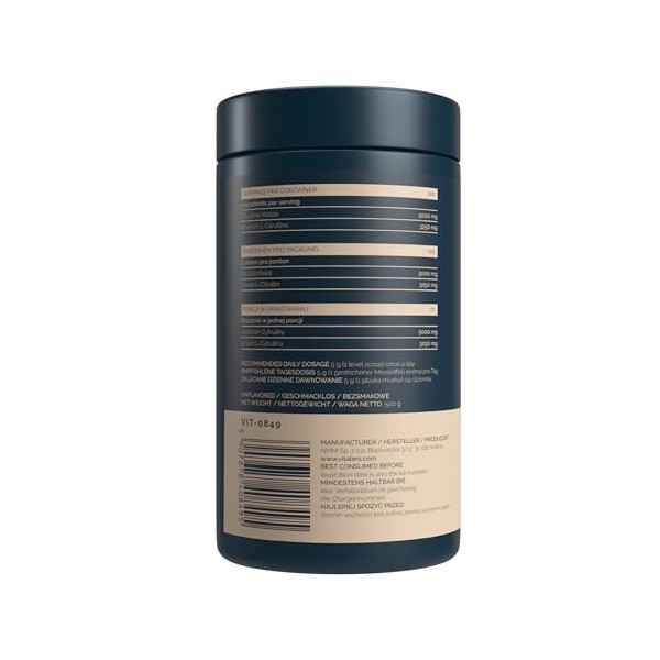 Vitalers Sport Citrulline L-Citrulline Malate , Powder - 500 g, Vegan, Sans conservateur, Sans sucre, Composition pure