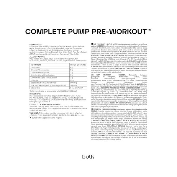 Bulk Pre Workout Complete Pump, Fruits Rouges, 500 g, 19 Portions L-Citrulline