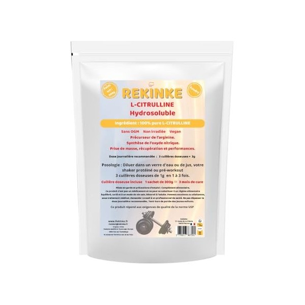 Pure L-citrulline hydrosoluble sachet de poudre de 300g REKINKE