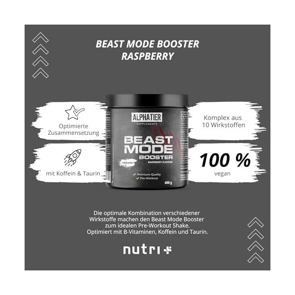 Alphatier Beastmode Pre-Workout Booster Raspberry - hautement dosé + vegan - caféine citrulline L-arginine creapure ß-alanine