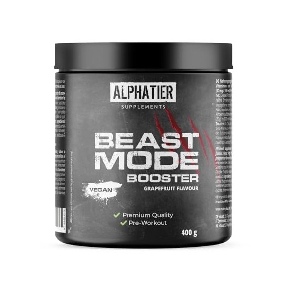 Alphatier Beastmode Pre-Workout Booster Grapefruit - hautement dosé + vegan - Caféine Citrulline L-Arginine Creapure ß-alanin