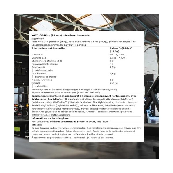 VAST V8 Nitro 20 Servings Limonade aux framboises - Pré-entraînement - NO Booster