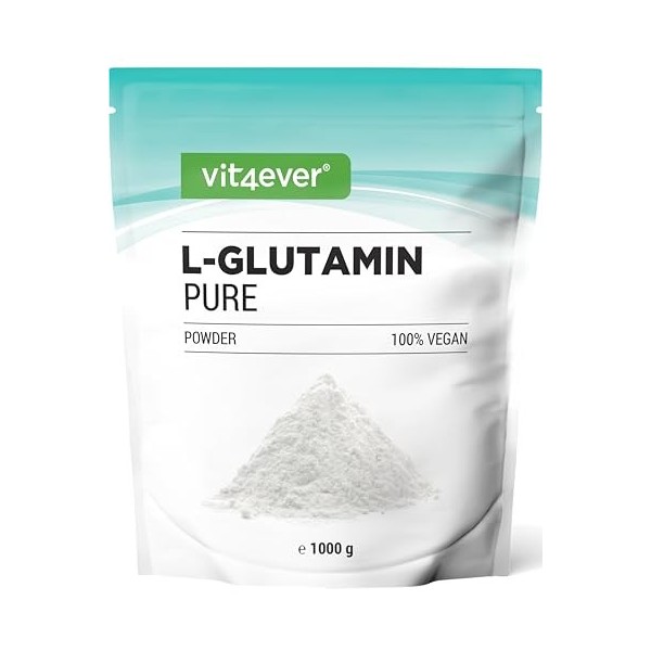 vit4ever Poudre de L-glutamine – 1000 g / 1 kg – Poudre d’acides aminés ultra pure, extra hautement dosée – 100% végane – Pro