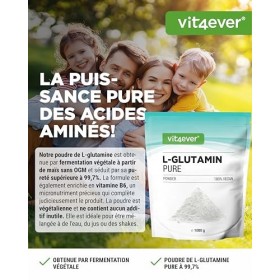 vit4ever Poudre de L-glutamine – 1000 g / 1 kg – Poudre d’acides aminés ultra pure, extra hautement dosée – 100% végane – Pro