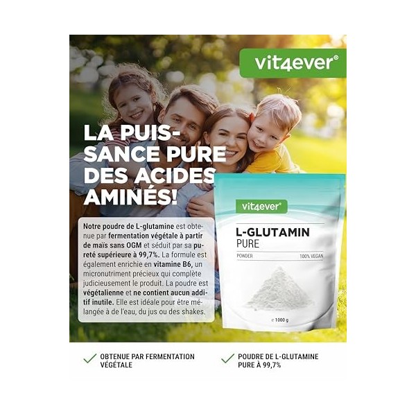 vit4ever Poudre de L-glutamine – 1000 g / 1 kg – Poudre d’acides aminés ultra pure, extra hautement dosée – 100% végane – Pro