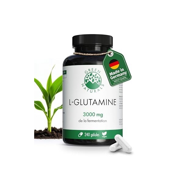 Green Naturals® L-Glutamine – Haute dose 3 000 mg par dose journalière – Acide aminé pur sous forme libre issu de fermentatio
