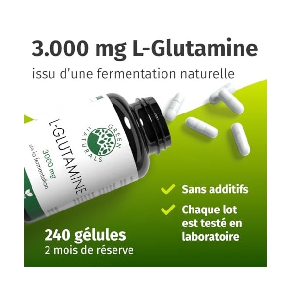Green Naturals® L-Glutamine – Haute dose 3 000 mg par dose journalière – Acide aminé pur sous forme libre issu de fermentatio