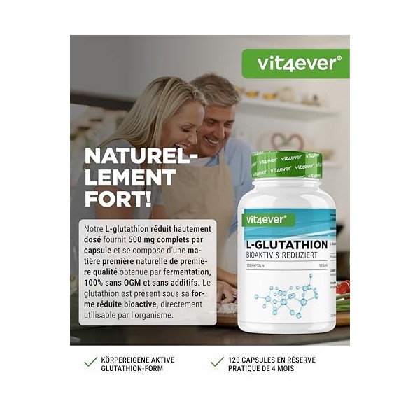 L-Glutathion - 120 gélules avec 500 mg par gélule - Premium : Glutathion réduit & bioactif issu de la fermentation - Hautemen