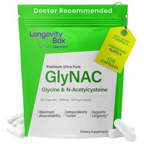 Longevity Box GlyNAC 1000 mg, 120 gélules véganes, 500 mg glycine et 500 mg NAC, pour soutien du glutathion, de l’énergie, de
