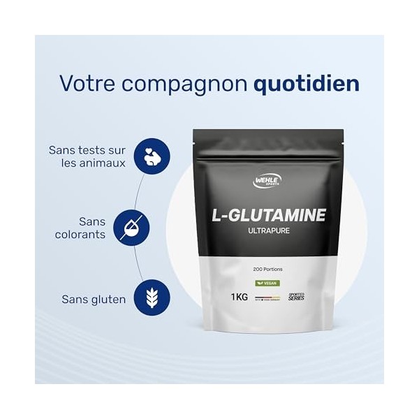 L Glutamine Poudre 1 KG – Extra Pure & Vegan, 200 Portions – Fabriqué en Allemagne