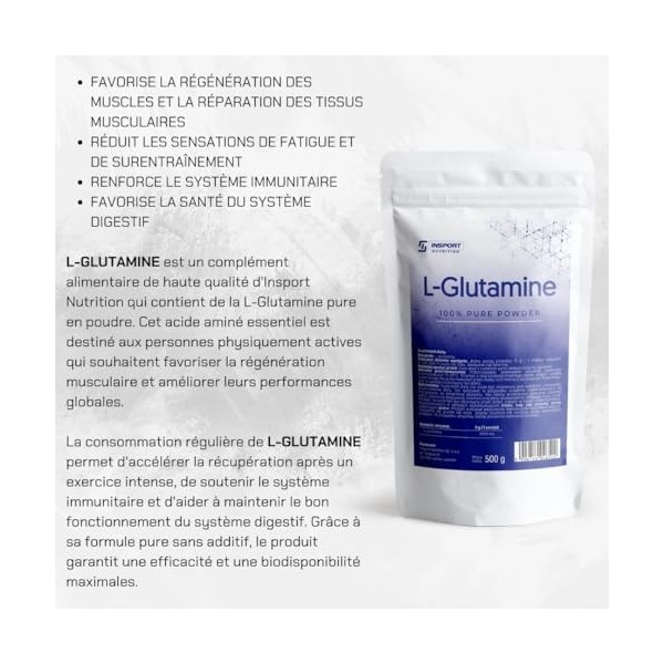 L-Glutamine Pure 500g | Acide Aminé Essentiel – 5 000 mg par Portion | Récupération Musculaire, Performance Sportive | INSPOR...