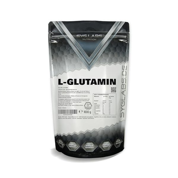 L-Glutamine Poudre 100 % pure - 1000 g dacide aminé glutamine - 1 kg - Sans additifs - Végétalien - Avec cuillère doseuse - 