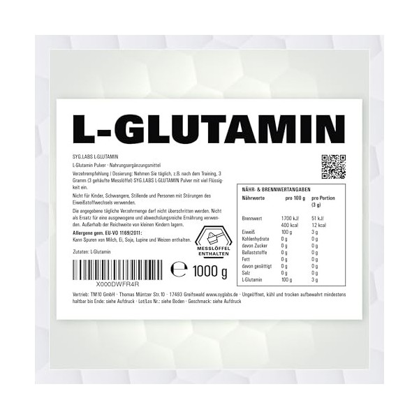 L-Glutamine Poudre 100 % pure - 1000 g dacide aminé glutamine - 1 kg - Sans additifs - Végétalien - Avec cuillère doseuse - 