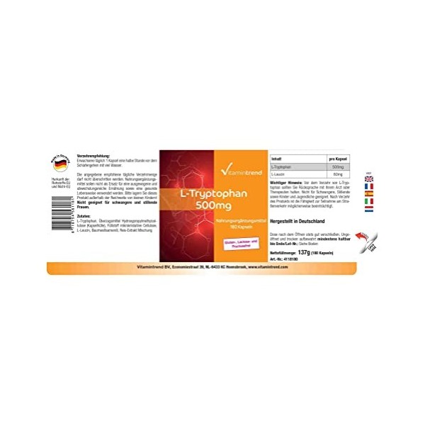 L-Tryptophane 500 mg – 180 gélules – Végétalien – Lot de 6 mois | Vitamintrend®