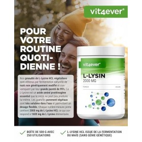L-Lysine en poudre - 500g granulés - Bonne solubilité - Lysine HCL issue de fermentation végétale - Vegan - Vit4ever