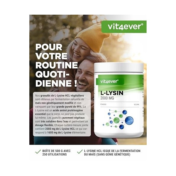 L-Lysine en poudre - 500g granulés - Bonne solubilité - Lysine HCL issue de fermentation végétale - Vegan - Vit4ever