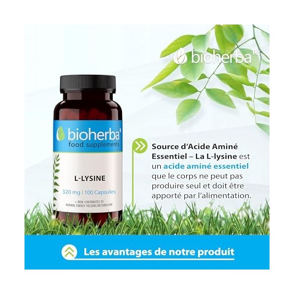 L-Lysine – 100 Gélules de 320 mg | Acide aminé essentiel – par BIOHERBA