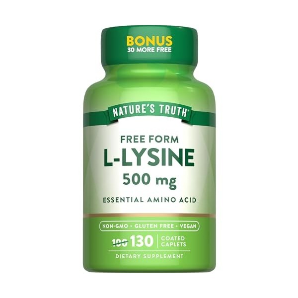 Natures Truth L-Lysine 500mg | 130 gélules | Forme libre | Acide aminé essentiel | Supplément sans OGM et sans gluten