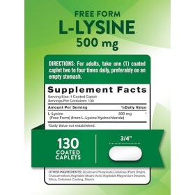Natures Truth L-Lysine 500mg | 130 gélules | Forme libre | Acide aminé essentiel | Supplément sans OGM et sans gluten