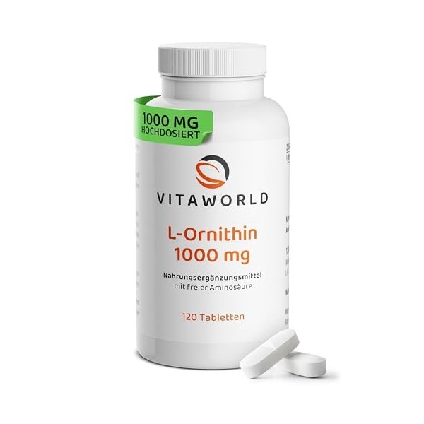 Vitaworld L-Ornithine 1000mg Hautement Dosé à 1000mg par Comprimé Vegan 120 Comprimés