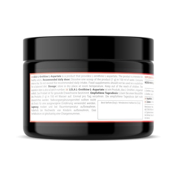 LOLA L-Ornithine-L-Aspartate Powder 80g -Mélange de deux acides aminés : Ornithine et acide L-aspartique 1000 mg par portio