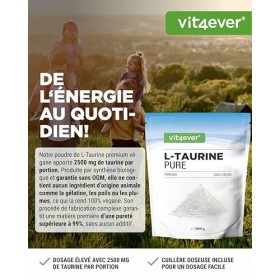 Poudre de Taurine - 1000 g 1 kg - Solubilité optimale - Végétalien - Pureté 99% - Qualité premium - Acide aminé L-Taurine