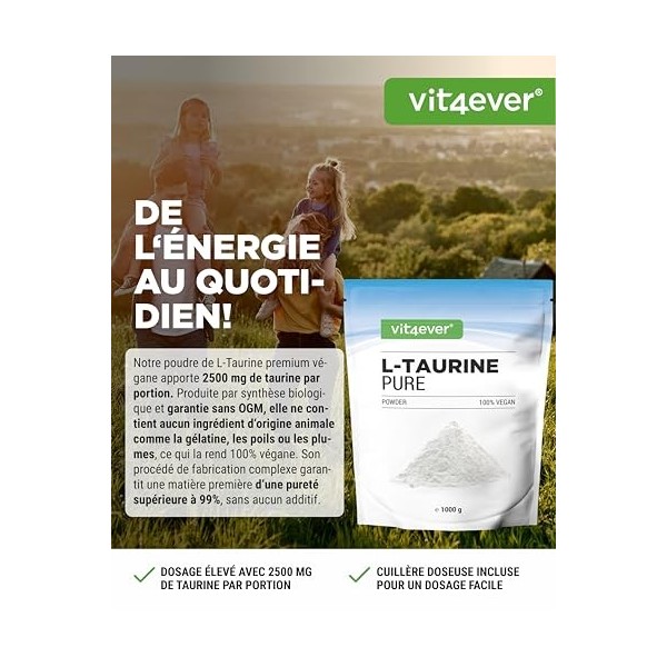 Poudre de Taurine - 1000 g 1 kg - Solubilité optimale - Végétalien - Pureté 99% - Qualité premium - Acide aminé L-Taurine