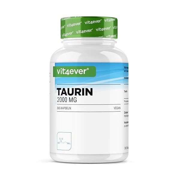 vit4ever Taurine - 365 Gélules - Extra Hautement Dosé à 2000 mg par Dose Journalière 2 Gélules - Plus de 99% de Pureté - Sa