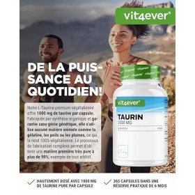 vit4ever Taurine - 365 Gélules - Extra Hautement Dosé à 2000 mg par Dose Journalière 2 Gélules - Plus de 99% de Pureté - Sa