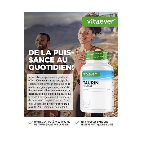 vit4ever Taurine - 365 Gélules - Extra Hautement Dosé à 2000 mg par Dose Journalière 2 Gélules - Plus de 99% de Pureté - Sa
