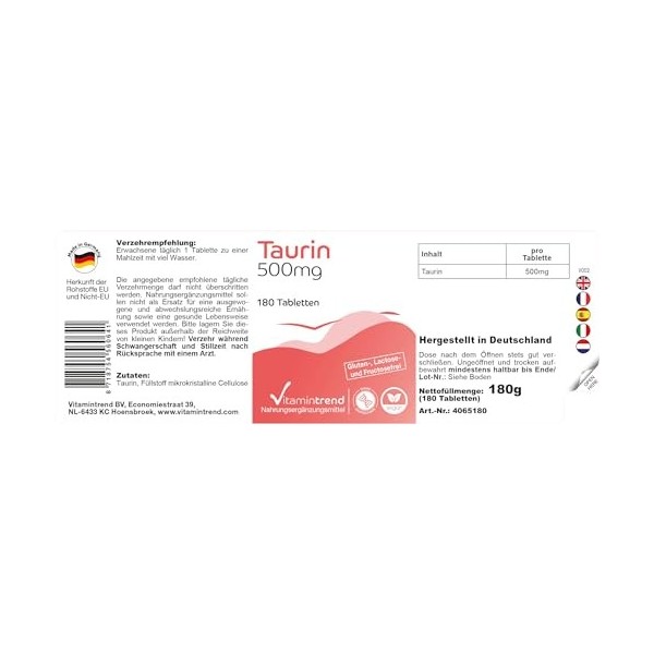Taurine 500mg - Végan - ! POUR 6 MOIS ! - Boite de 180 comprimés | Vitamintrend®