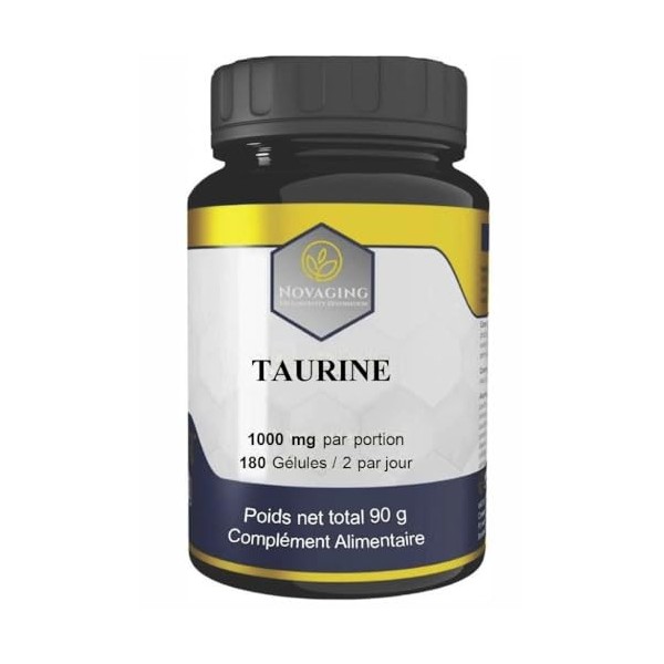 NovAging Taurine 180 Gélules Végan - 1000 mg par Portion - Pureté 99% - Anti-Age - 100% Vegan - Fortement dosé - Testé sans a