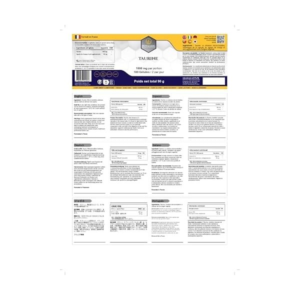 NovAging Taurine 180 Gélules Végan - 1000 mg par Portion - Pureté 99% - Anti-Age - 100% Vegan - Fortement dosé - Testé sans a