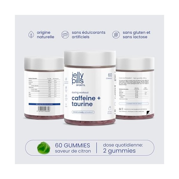Jelly Pills Caféine + Taurine – 60 gummies véganes – 40 mg de caféine avec taurine et guarana – Énergie et concentration pour