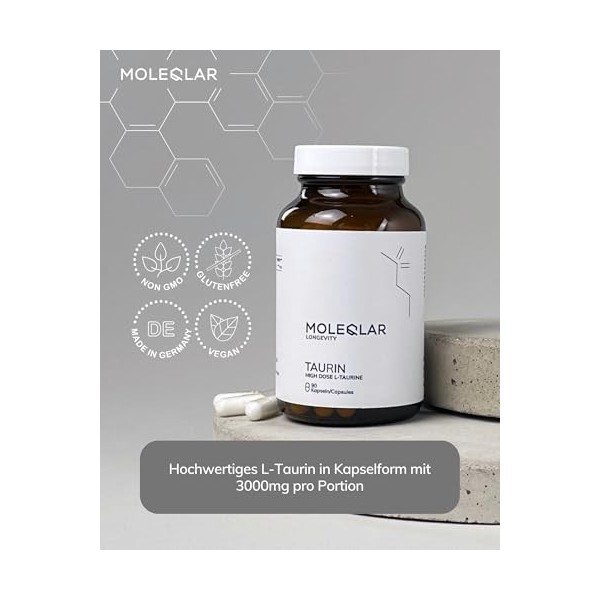 MoleQlar Taurine 90 gélules – 3000 mg/portion, fermentation responsable, haute pureté, végan, sans OGM
