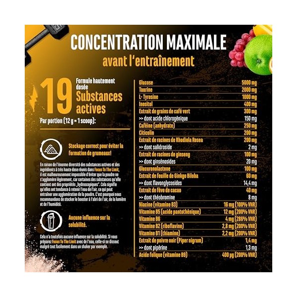 Focus to the Limit - Pre Workout hautement dosé avec L-Tyrosine + Taurine + Inositol + Extrait de Ginkgo + Citicoline + Rhodi