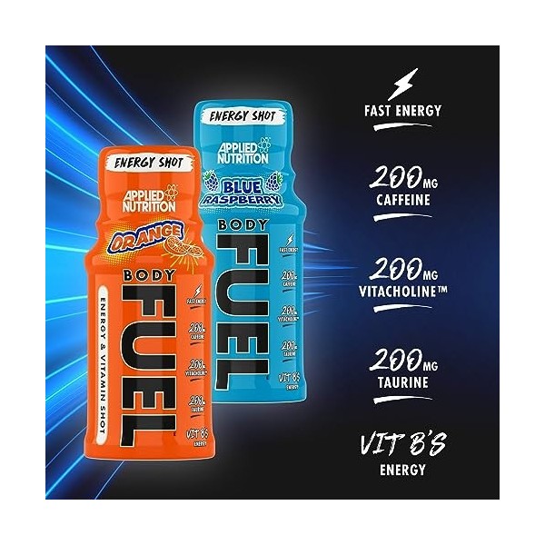 Applied Nutrition BodyFuel Energy Shot, 12 x 60ml, Orange, Caféine 200mg, Taurine, Vitamines B, Sans Sucre, Zéro Calorie