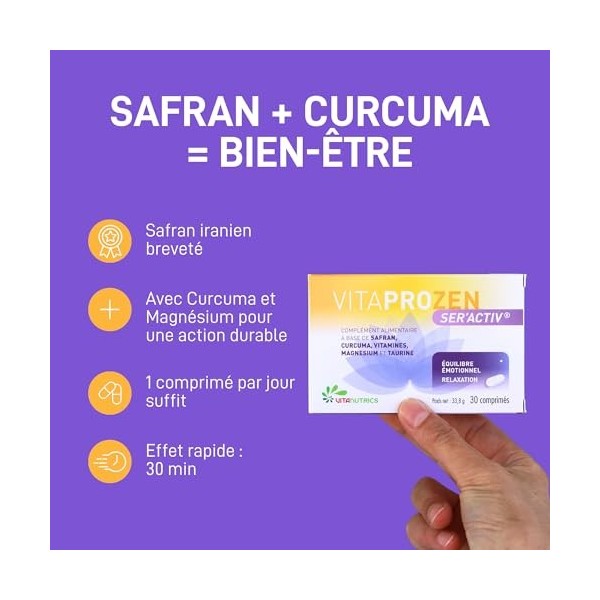 Vitanutrics - VITAPROZEN SerActiv - Équilibre Émotionnel, Irritabilité - Safran, Curcuma, Vitamines, Magnésium, Taurine - Fo