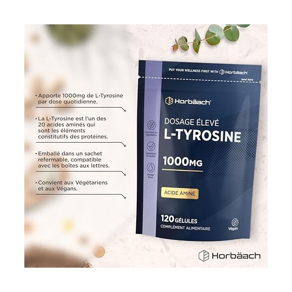L Tyrosine 1000mg | Acide Aminé | Haute Dose | 120 Gélules Véganes | Supplément de L-Tyrosine | di Horbaach