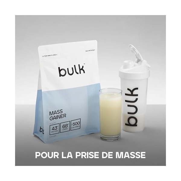 Bulk Complete Mass Gainer | Vanille | 1kg | 45g de protéines et 5g de BCAA par portion | Gain de masse hypercalorique | Facil...