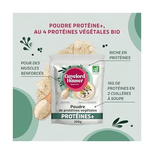 GAYELORD HAUSER – Poudre de Protéines végétales Bio – 2 Cuillères à Soupe - 16 g de Protéines – Adaptée aux Végétaliens – À M
