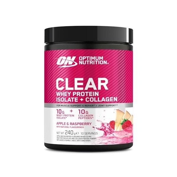 Optimum Nutrition Clear Whey + Collagène, Pomme & Framboise, 10 g Whey Isolate et 10 g Peptides de Collagène par Portion, Boi...